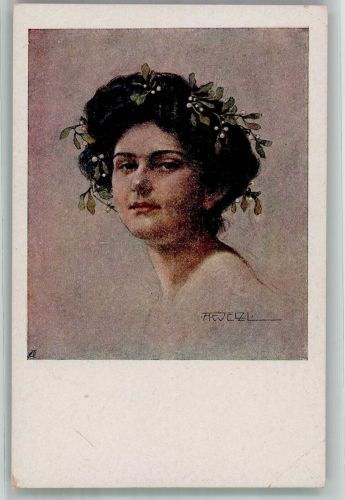 sign. Welzl Portrait einer jungen Frau mit Mistelkranz im Haar Deutscher Schulverein Künstlerkarte Nr. 1294 Schulverein Gebrauchsspuren