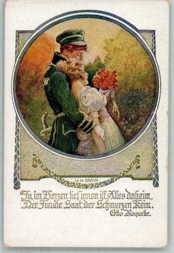 sign. Braun Kavallerist der Befreiungskriege mit seiner Liebsten Poesie / Liebe Künstlerkarte Deutscher Schulverein Nr. 1199 Schulverein Gebrauchsspuren