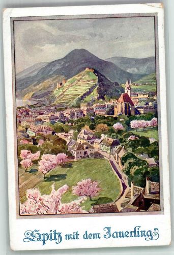Spitz Panorama des Ortes mit dem Jauerling Künstlerkarte Deutscher Schulverein Nr. 880 Schulverein 1928 Gebrauchsspuren