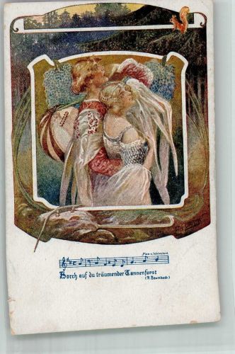 sign. Braun Liedzeile Horch auf du träumender Tannenforst Minnesänger Poesie / Liebe Künstlerkarte Deutscher Schulverein Nr. 1237 Schulverein Gebrauchsspuren