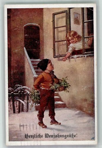 Neujahr Junge mit Misteln für sein Mädchen am Fenster Deutscher Schulverein Künstlerkarte Nr. 762 Schulverein 1917 Gebrauchsspuren