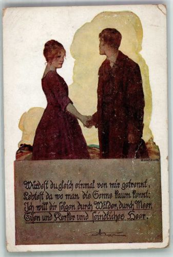 sign. Kutzer Junge Frau reicht ihrem Liebsten zum Abschied die Hand Deutscher Schulverein Künstlerkarte Nr. 1330 Schulverein 1922 Gebrauchsspuren