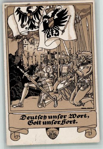 Ritter im Gebet unter wehenden Fahnen Zweibund Künstlerkarte Deutscher Schulverein Nr. 831 Schulverein 1916 Gebrauchsspuren