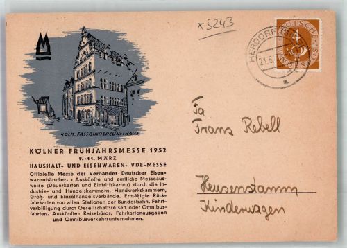 50667 W5000 Köln Deutz 105 1952 Gebrauchsspuren Kölner Frühjahrsmesse Fassbinderzunfthaus Werbung Paul Wöllner Fabrik für Kinderwagen-Ausstattungen