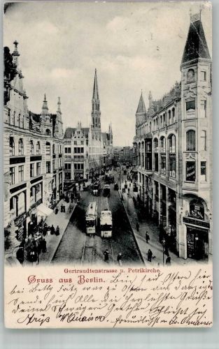 10115 W1000 Berlin Mitte 1902 Gebrauchsspuren Gertraudtenstraße mit Petrikirche Straßenbahn