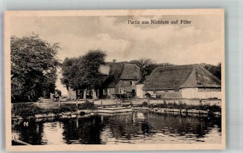 25938 W2270 Nieblum Gebrauchsspuren Teich mit Reetgedeckten Bauernhäusern