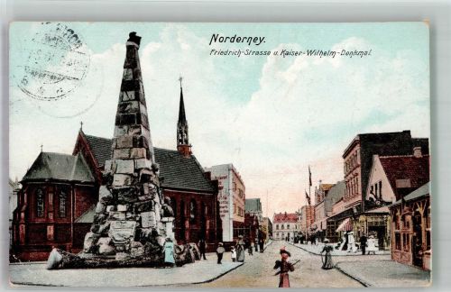26548 W2982 Norderney 1910 Gebrauchsspuren Friedrichstraße und Kaiser-Wilhelm-Denkmal Verlag Zieher, Ottmar