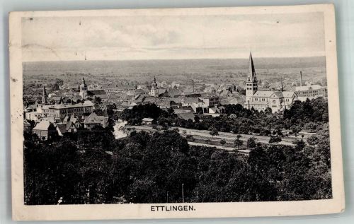 76275 W7505 Ettlingen Gebrauchsspuren Panorama des Ortes mit Herz-Jesu-Kirche