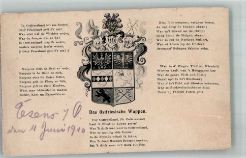 26427 W2943 Esens 1910 Gebrauchsspuren Wappen von Ostfriesland mit Heimatgedicht in Mundart Künstlerkarte Ort handschriftlich