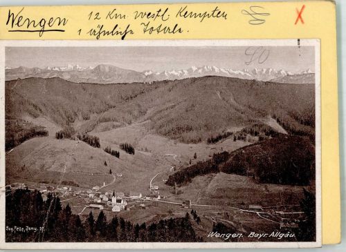 87480 W8961 Wengen , Kr Kempten, Allgäu 1927 FOTO KEINE AK Fliegeraufnahme des Ortes mit Kirche St. Johannes Baptist und Alpenpanorama Eugen Felle Original aufmontierte Verlagsmusterkarte