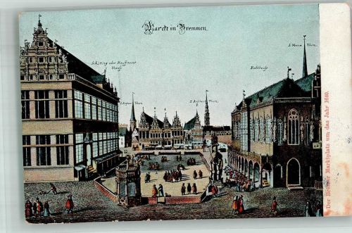 28195 W2800 Bremen 1905 Künstlerkarte Mittelalterliche Darstellung des Marktplatzes mit Rathaus