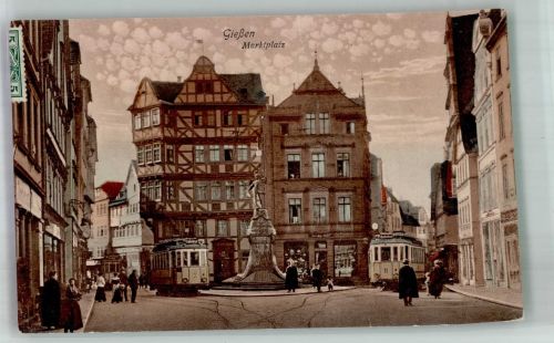35390 W6300 Gießen , Lahn 1914 - Marktplatz mit alten Rathaus und Kriegerdenkmal Straßenbahn Verlag Trinks & Co. Nr. 6