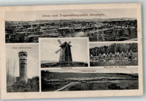 72525 W7420 Münsingen , Württ 1915 - Panorama des Truppenübungsplatzes mit Turm Falkenhausen Windmühle und Gefangenenlager Feldpost WK I
