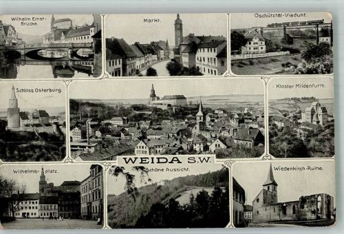 07570 O6518 Weida , Thür 1939 Foto AK Wilhelm-Ernst-Brücke Schloss Osterburg Wilhelmsplatz Markt Oschütz-Viadukt Kloster Mildenfurth Wiedenkirch-Ruine