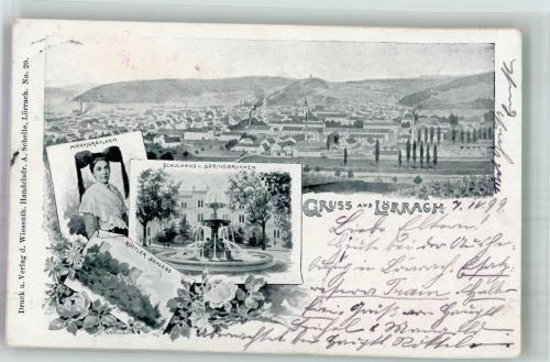 79539 W7850 Lörrach 1899 Lithographie Röttler Schloss Schulhaus u. Springbrunnen Markgräflerin