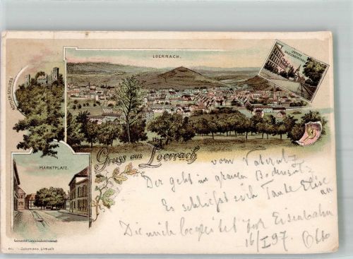 79539 W7850 Lörrach 1897 Lithographie Bahnpost Basel Zell Zug 324 19.1.97 Marktplatz Untere Baslerstraße Rötteln Schloss