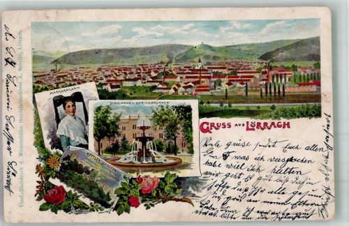 79539 W7850 Lörrach 1904 Lithographie Markgräflerin Schulhaus Springbrunnen Röttler Schloss