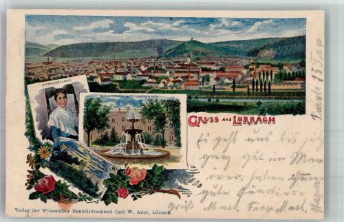 79539 W7850 Lörrach 1909 Lithographie Markgräflerin Schulhaus Springbrunnen Röttler Schloss
