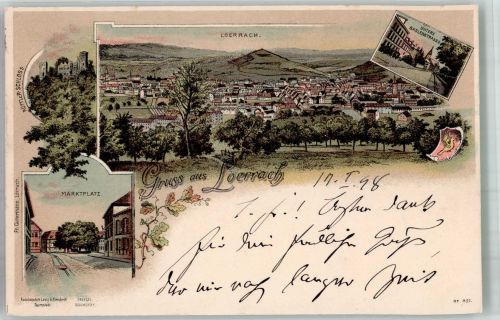79539 W7850 Lörrach 1898 Lithographie Marktplatz Untere Baslerstraße Rötteln Schloss