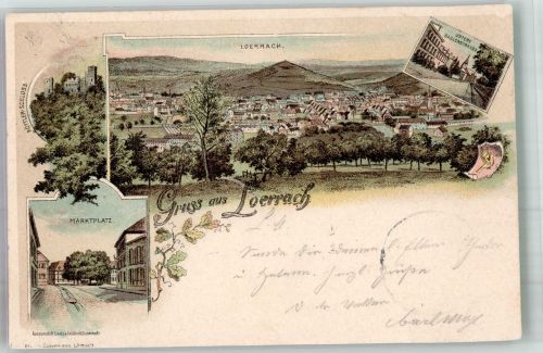 79539 W7850 Lörrach 1897 Lithographie Bahnpost Basel Zell Zug 513 10.1.97 Marktplatz Schloss Rötteln