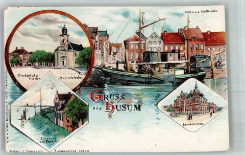 25813 W2250 Husum , Nordsee Lithographie Marktplatz Marienkirche Bahnhofs Hotel Hafen Schiffsbrücke