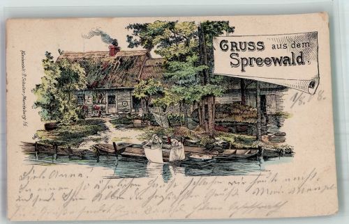 03222 O7543 Leipe 1908 Lithographie Spreewald Gasthaus G.G. Buchan Ort lt. Stempel