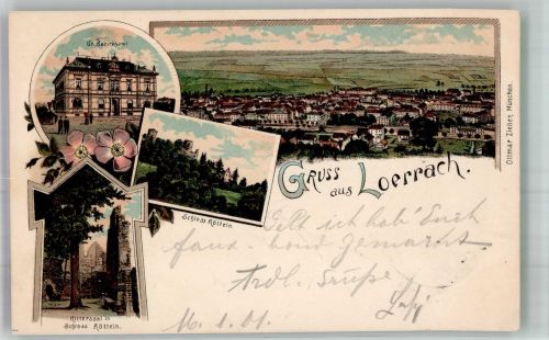 79539 W7850 Lörrach 1901 Lithographie Zieher Ottmar Gr. Bezirksamt Schloss Rötteln Rittersaal