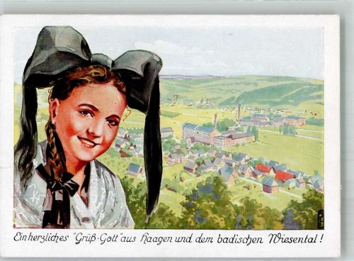 79539 W7850 Haagen , Baden - Schöpflin-Haagen Markgräfler Tracht Fabrikgelände Werbekarte