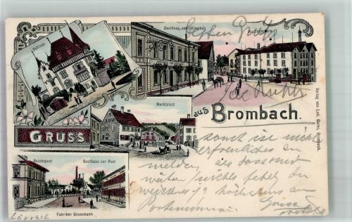 79539 W7850 Brombach , Kr Lörrach 1906 Lithographie Marktplatz Schloss Reichspost Gasthaus zur Post Walzenmühle Bahnpost Basel- Zell