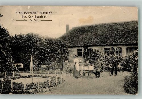 24837 W2380 Schleswig 1914 Gebrauchsspuren Gasthaus Klensby Gartenwirtschaft Sprigbrunnen Ort lt. Stempel Foto AK
