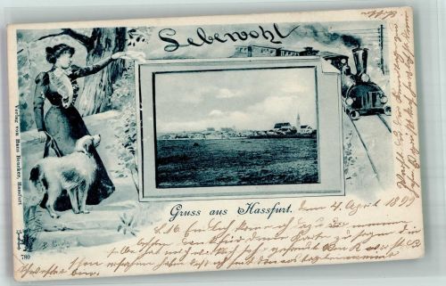 97437 W8728 Haßfurt 1899 Gebrauchsspuren Frau mit Hund Eisenbahn Pfarrkirche sign. Liebig Passepartout