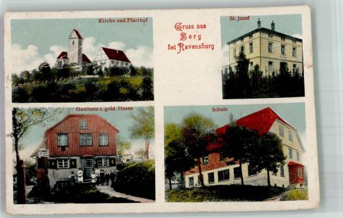 88276 W7981 Berg , Kr Ravensburg Gebrauchsspuren Kirche Pfarrhof St. Josef Gasthaus zum goldenen Hasen Schulhaus