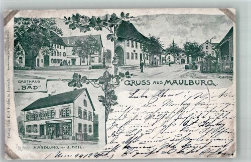 79689 W7864 Maulburg 1902 Lithographie / Künstlerkarte Gasthaus zum Bad Handlung Heil sign. K. Eichin Bahnpost Basel- Zell Zug 524