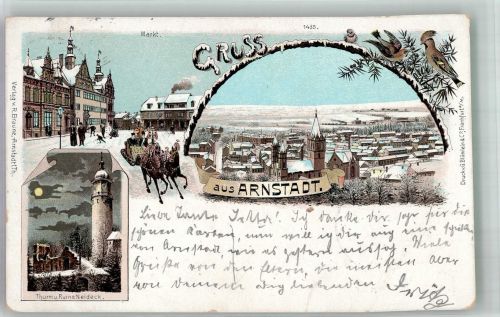 99310 O5210 Arnstadt 1898 Winterlithographie Markt Pferdeschlitten Turm Ruine Neideck