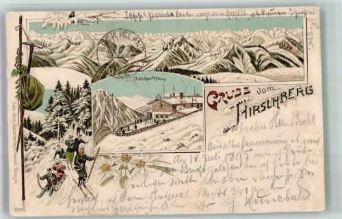 83700 W8185 Kreuth b Tegernsee 1897 Winterlithographie Alpen Wanderutensilien Hirschberghaus Skiläufer Rodler Edelweiss