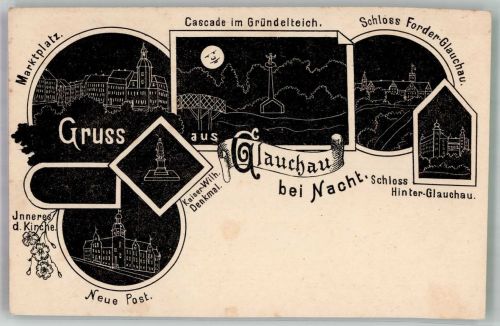 08371 O9610 Glauchau - Glauchau bei Nacht Neue Post Marktplatz Kaiser Wilhelm-Denkmal Schloss Forder-Glauchau Cascade im Gründelteich