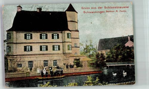 W7730 Schwenningen am Neckar Die Schlossbrauerei Ruderboot Schwäne Bahnpost Brauerei 1909