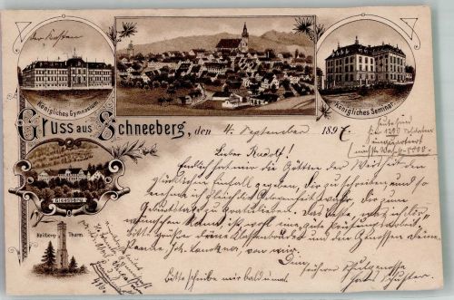 08289 O9412 Schneeberg , Erzgeb 1897 Lithographie Vorläufer Kgl. Gymnasium Kgl. Seminar Gleesberg Keilberg-Turm