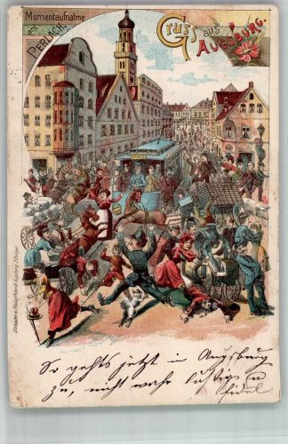 86150 W8900 Augsburg , Bay 1898 Lithographie Am Perlach Straßenbahn