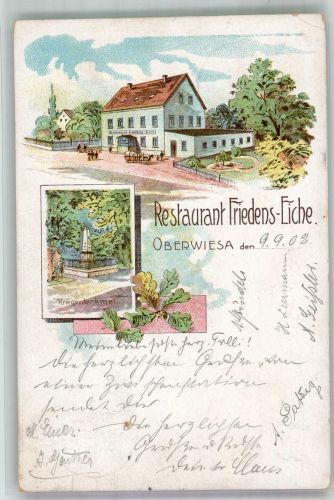 09577 O9387 Niederwiesa 1902 Lithographie Oberwiesa Gasthaus Friedens-Eiche Kriegerdenkmal