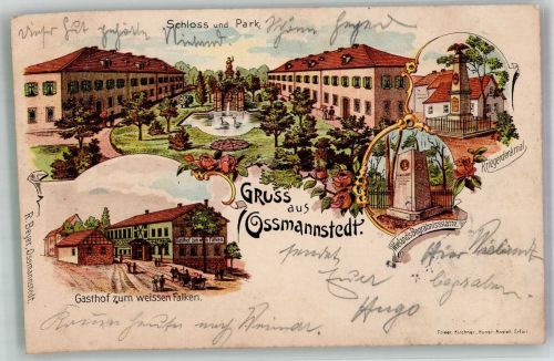 99510 O5321 Oßmannstedt 1904 Lithographie Wieland's Grabstätte Gasthaus zum weissen Falken Schloss Schlosspark