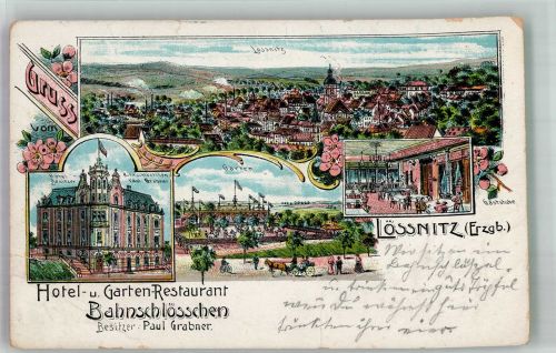 08294 O9407 Lößnitz 1907 Lithographie Hotel-Gasthaus Bahnschlösschen Gaststube Bahnpost Chemnitz- Zug 17 Riß Stauchungen