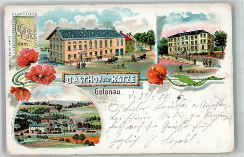09423 O9374 Gelenau , Erzgeb 1908 Lithographie Gasthaus zur Katze Neue Schule Bahnpost