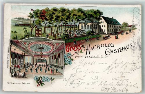 09577 O9387 Niederwiesa 1900 Lithographie Gasthaus Haubold Ballsaal