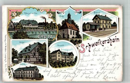09306 O9291 Schweikershain 1911 Lithographie Rittergut See Annastift Bahnhof Mühle Schule