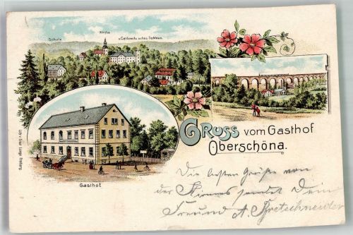 09600 O9201 Oberschöna 1901 Lithographie Gasthaus Oberschöna Carlowitz'sches Schloss Eisenbahnviadukt Schule