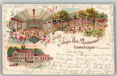 09661 O9251 Cunnersdorf b Mittweida 1899 Lithographie Nerge's Park und Gasthaus Gastraum Gartenwirtschaft
