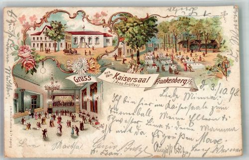 09669 O9262 Frankenberg , Sachs 1898 Lithographie Gasthaus Etablissement Kaisersaal Ballsaal Garten