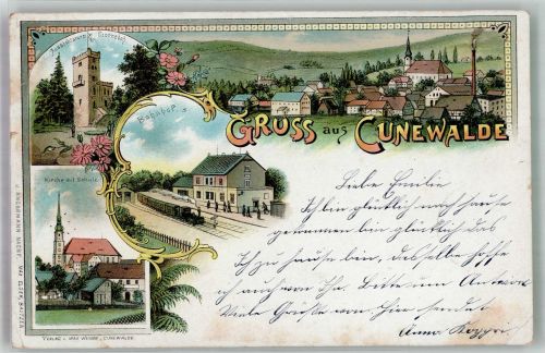 02733 O8704 Cunewalde 1906 Lithographie Aussichtsturm Bahnhof Kirche