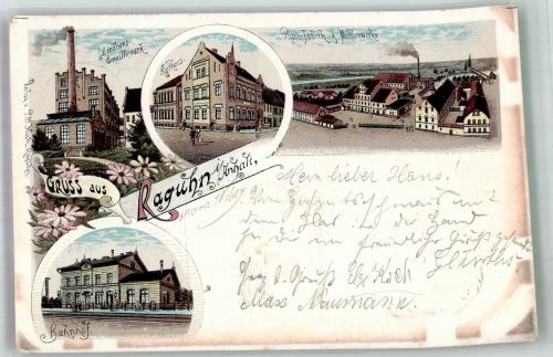 06779 O4409 Raguhn 1898 Lithographie Emaillewerk Linder Bahnhof Rathaus Papierfabrik Mühlenwerke